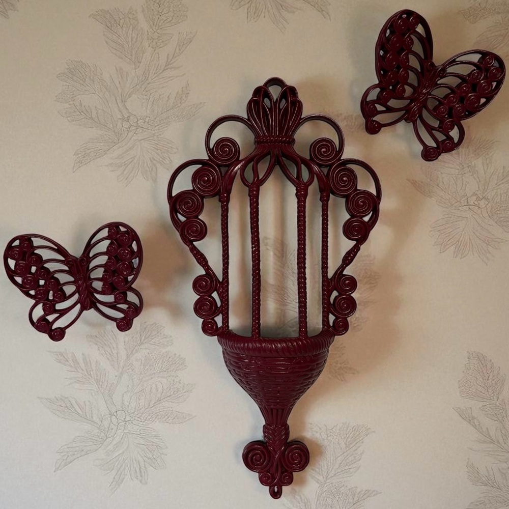 VTG 70s Burwood Homco Wall Pocket Planter & Butterflies Set Maroon Red 3pc